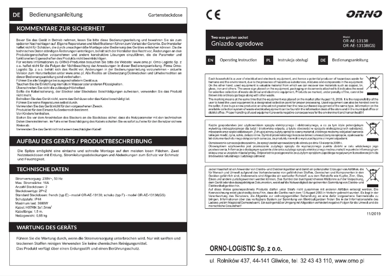 Page n°1 - Manuel utilisateur ORNO OR-AE-13138