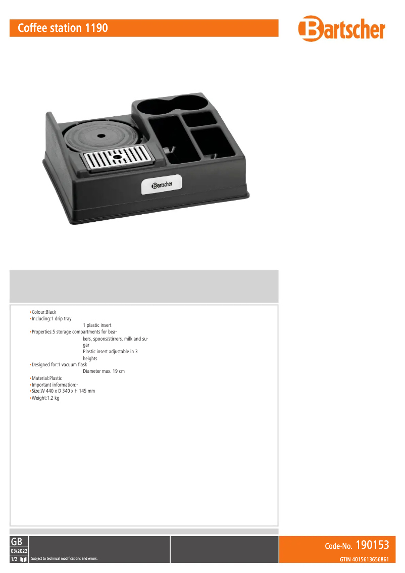 Page n°1 - Fiche technique Bartscher 190153