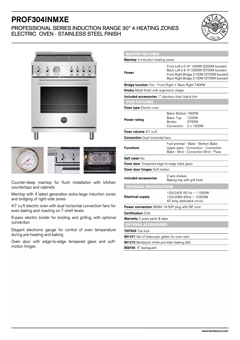Page 1 de la notice Fiche technique Bertazzoni Professional PROF304INMXE