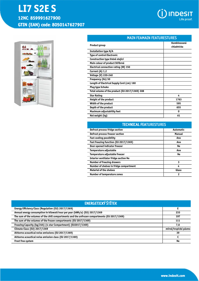 Page 1 de la notice Fiche technique Indesit LI7 S2E S