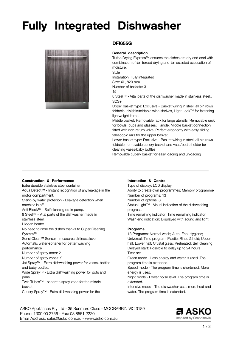 Page n°1 - Fiche technique Asko DFI655G