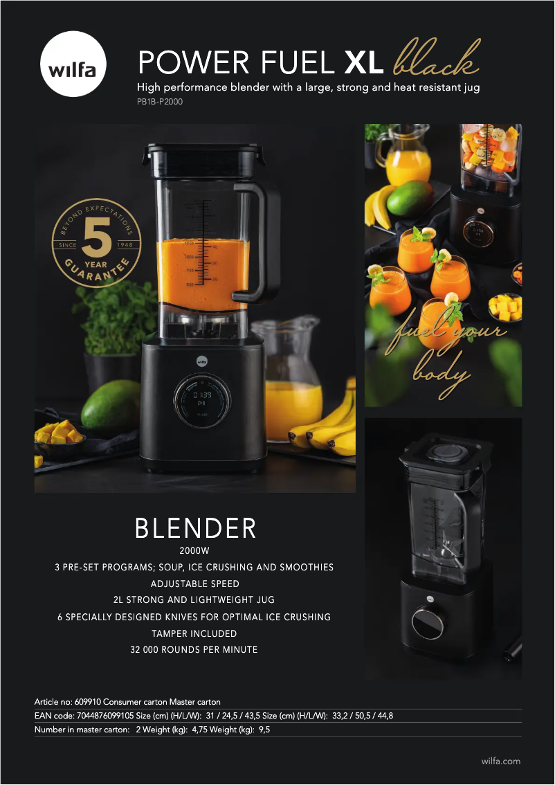 Page 1 de la notice Fiche technique Wilfa Power Fuel XL PB1B-P2000