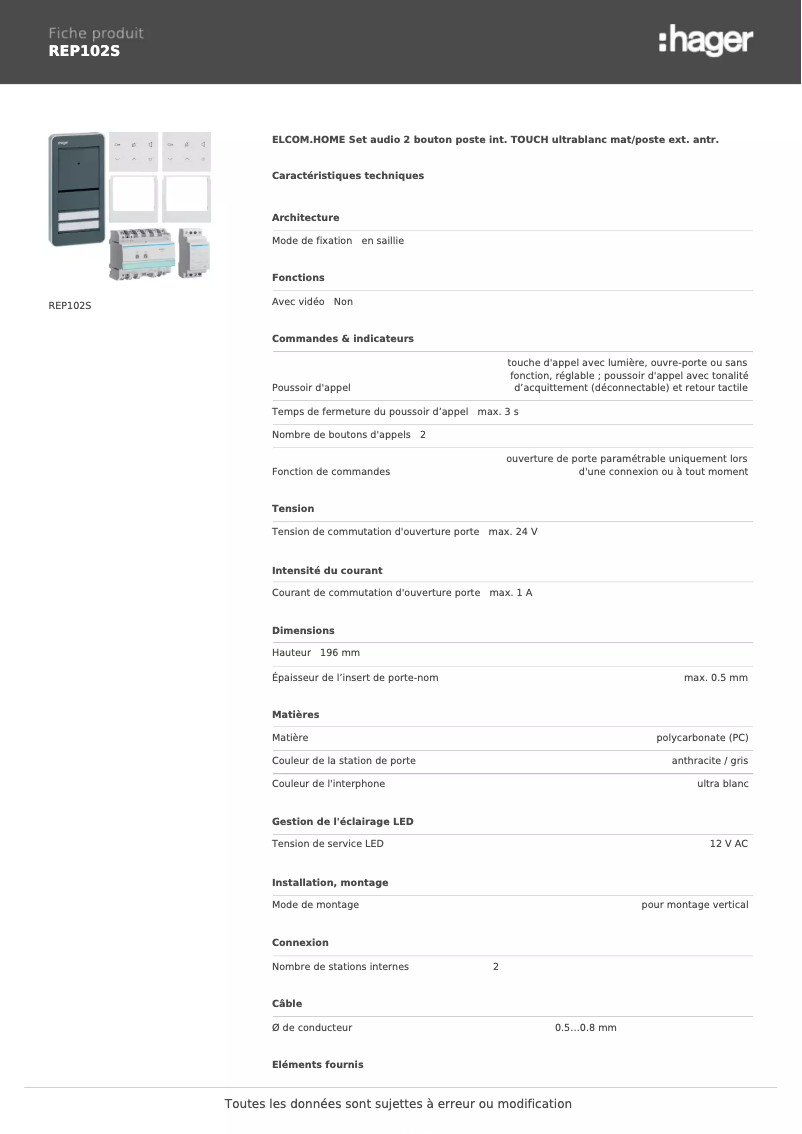 Page n°1 - Fiche technique Hager REP102S