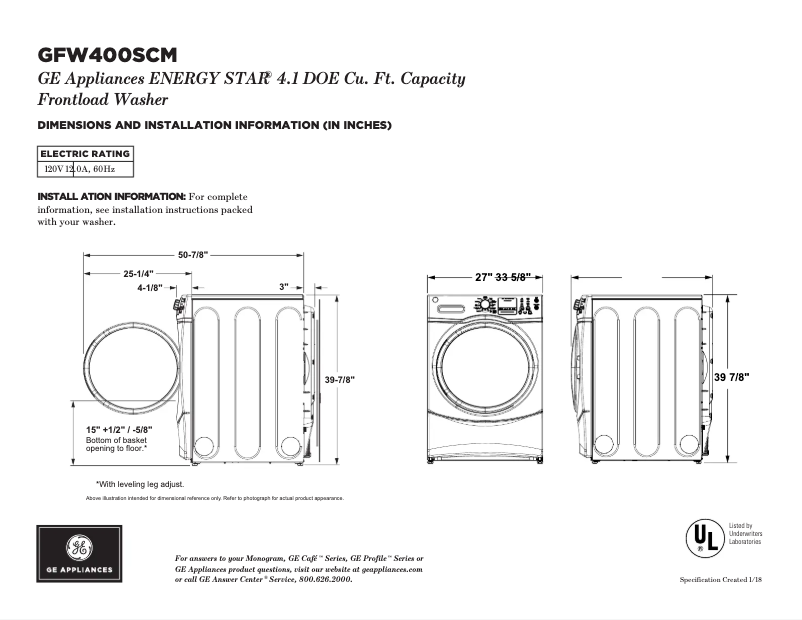 Página 1 del manual Ficha técnica GE GFW400SCMWW