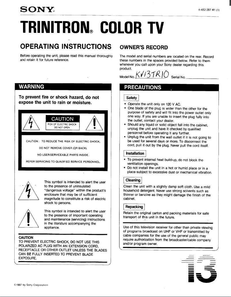 Page 1 de la notice Manuel utilisateur Sony KV-13TR10