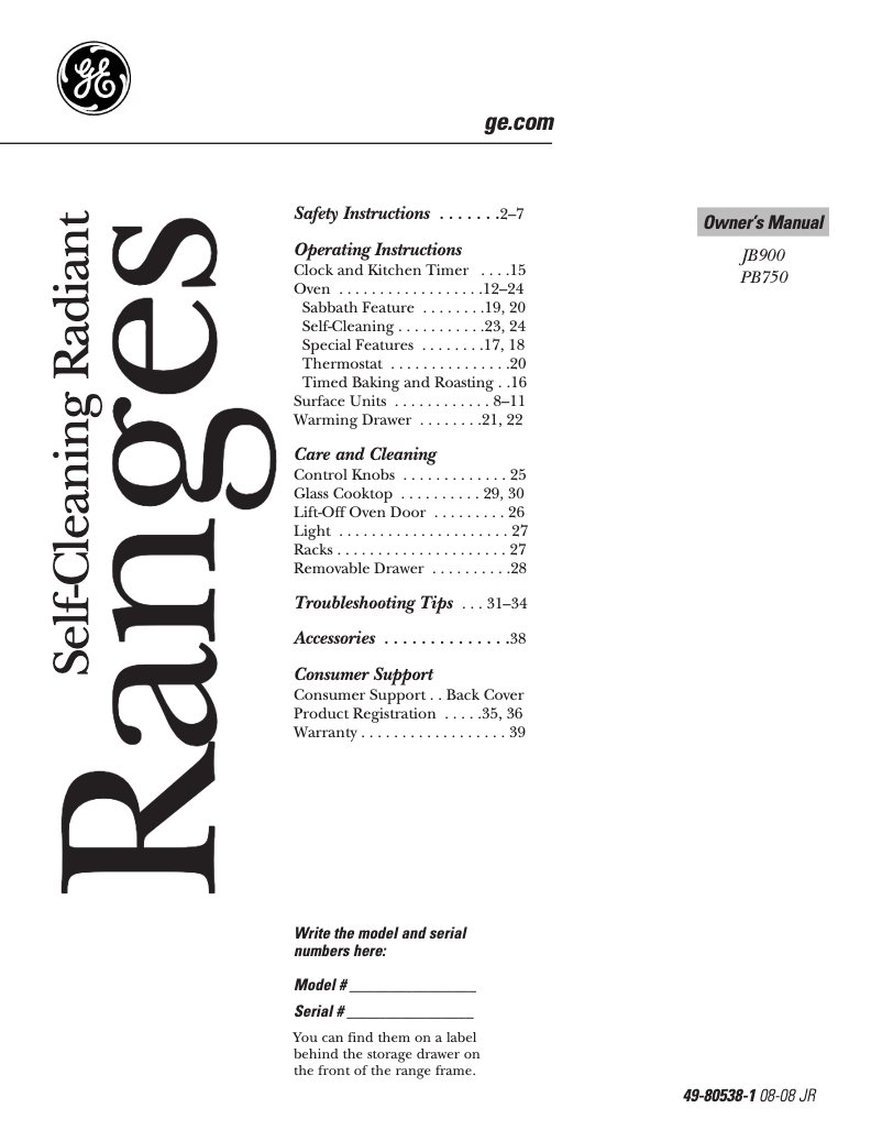 Image de la première page du manuel de l'appareil Profile JB900KKCC