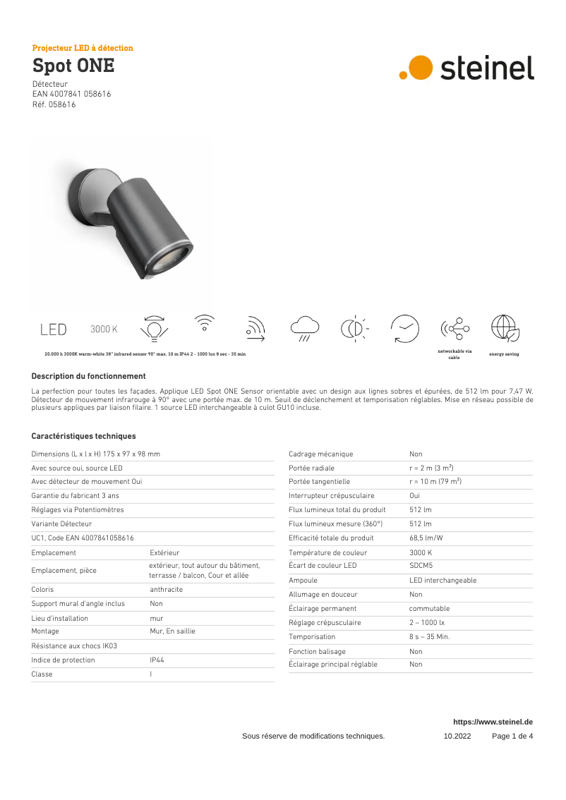 Page 1 de la notice Fiche technique Steinel Spot ONE SC