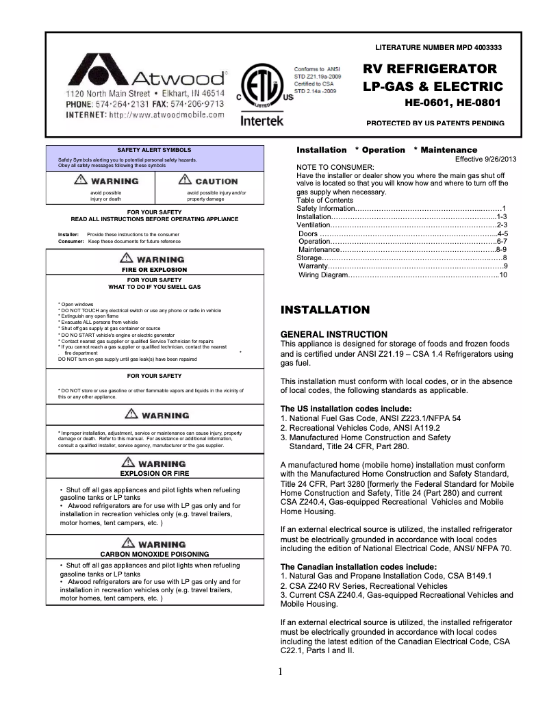 Page 1 de la notice Manuel utilisateur Atwood HE-0801R