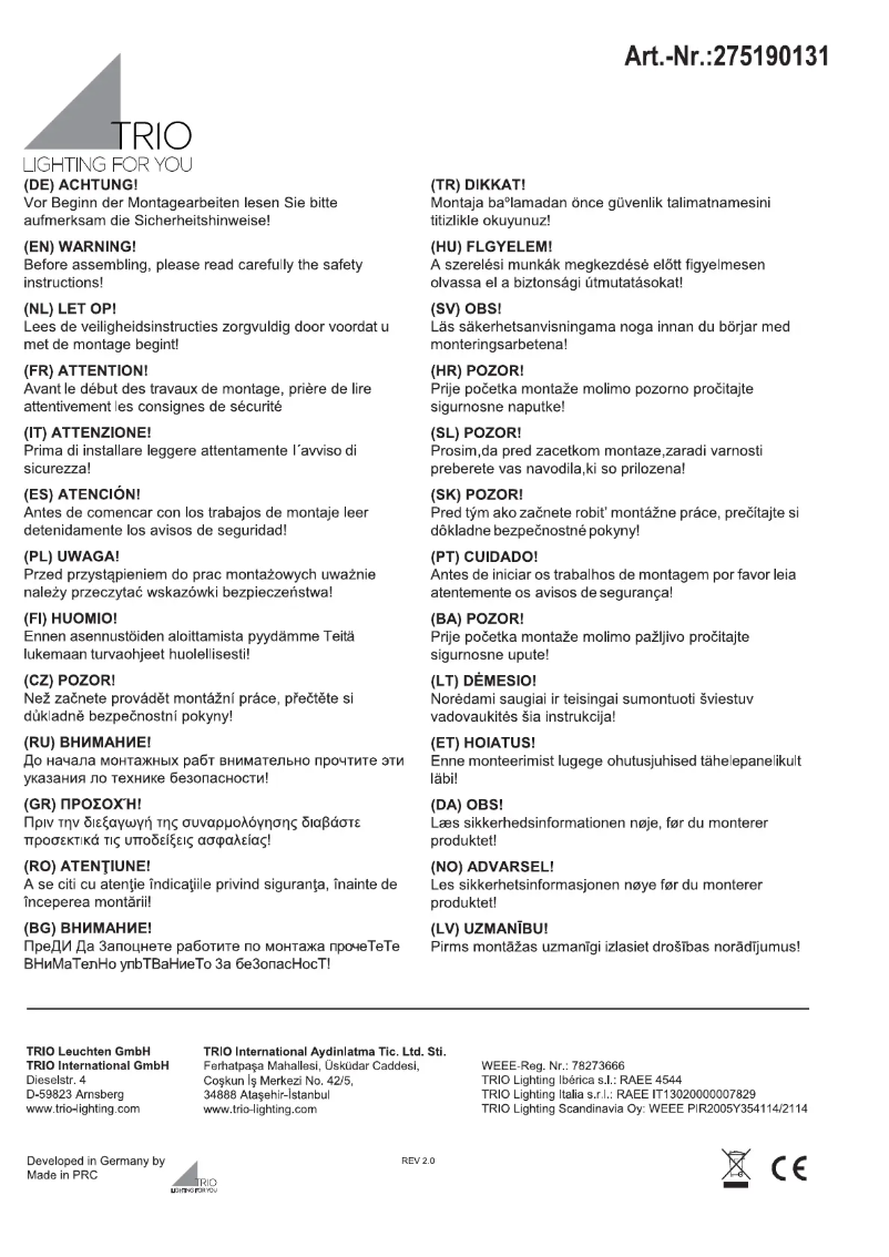 Page n°1 - Manuel utilisateur Trio Lighting Tento 275190131