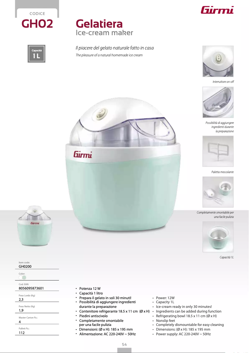 Page 1 de la notice Fiche technique Girmi GH02