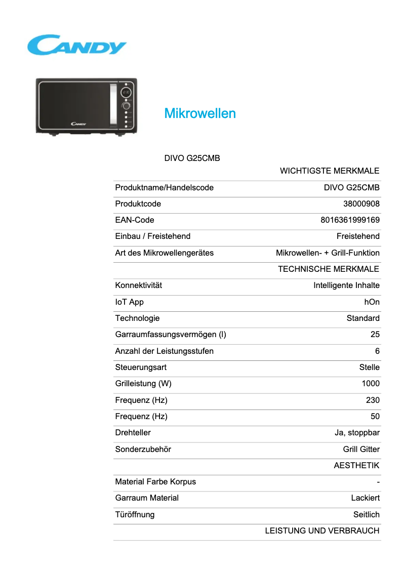 Page 1 de la notice Fiche technique Candy DIVO G25CMB