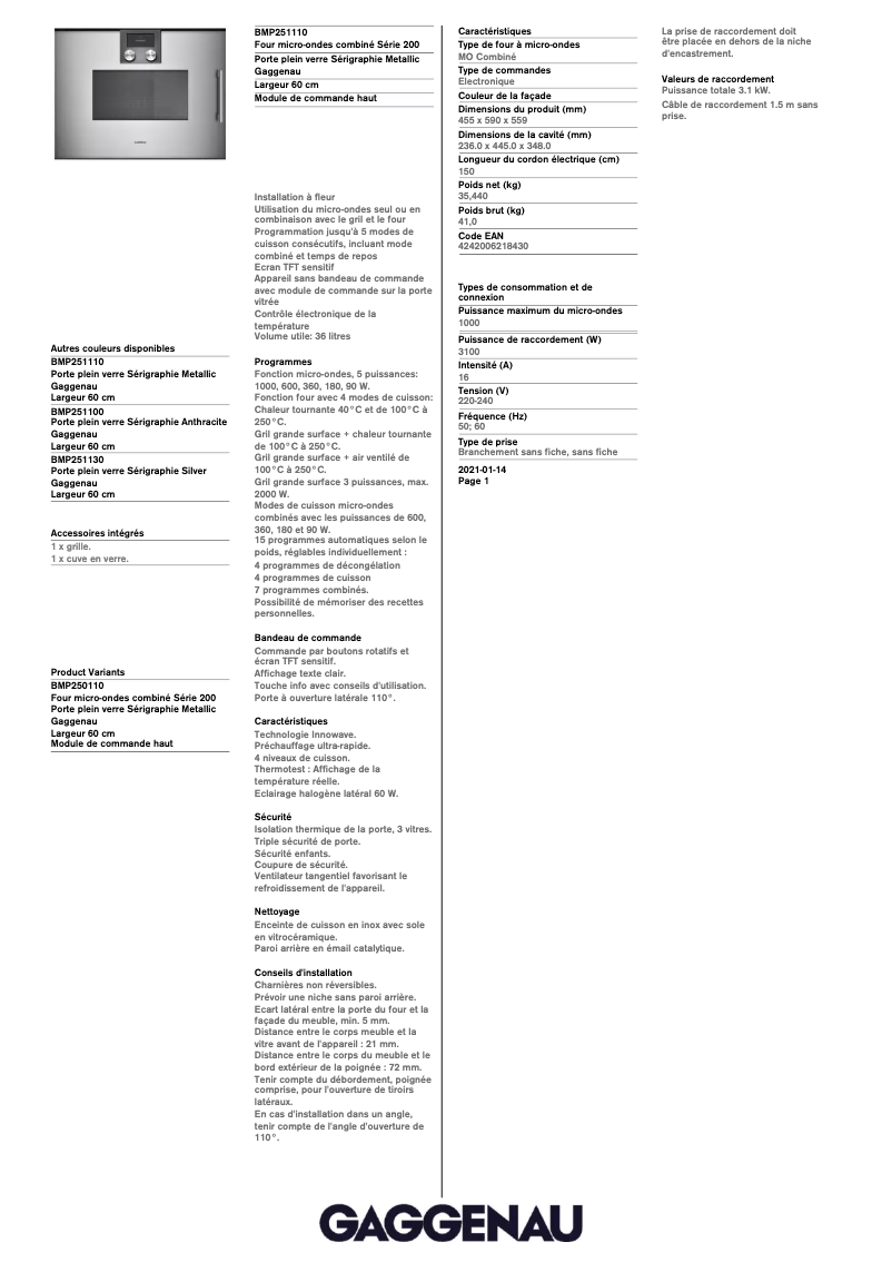 Page 1 de la notice Fiche technique Gaggenau BMP251110