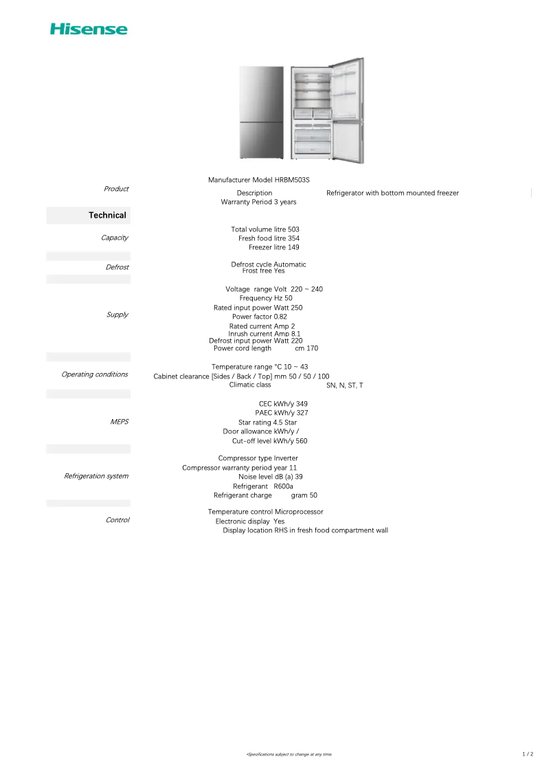Page 1 de la notice Fiche technique Hisense HRBM503S