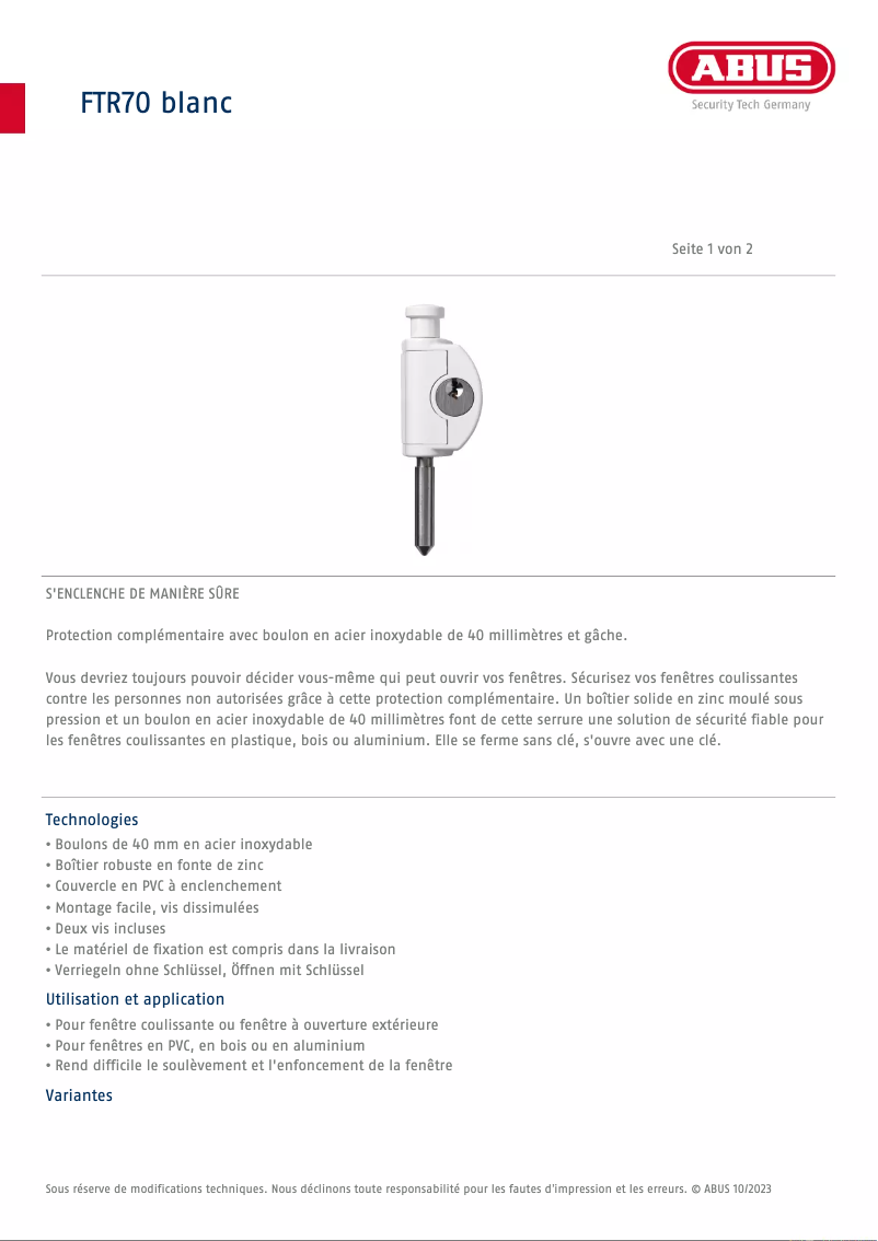 Página 1 del manual Ficha técnica Abus FTR70