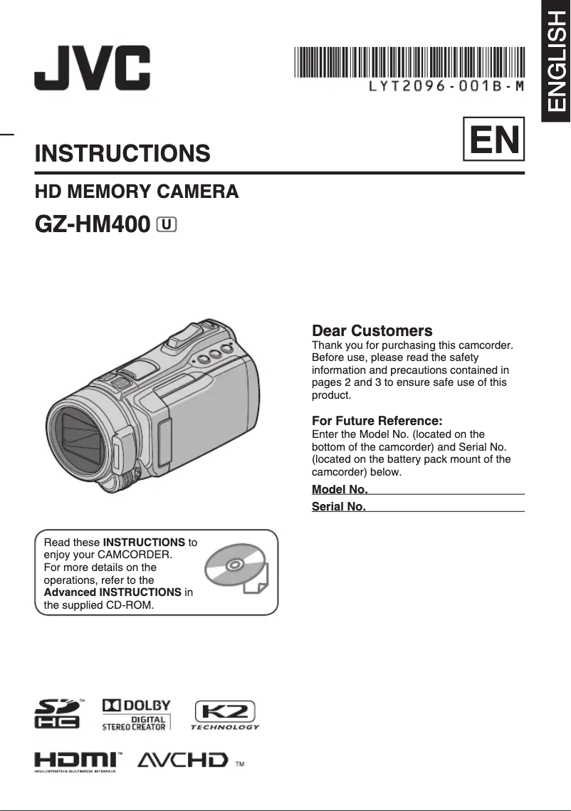 Page 1 de la notice Manuel utilisateur JVC GZ-HM400