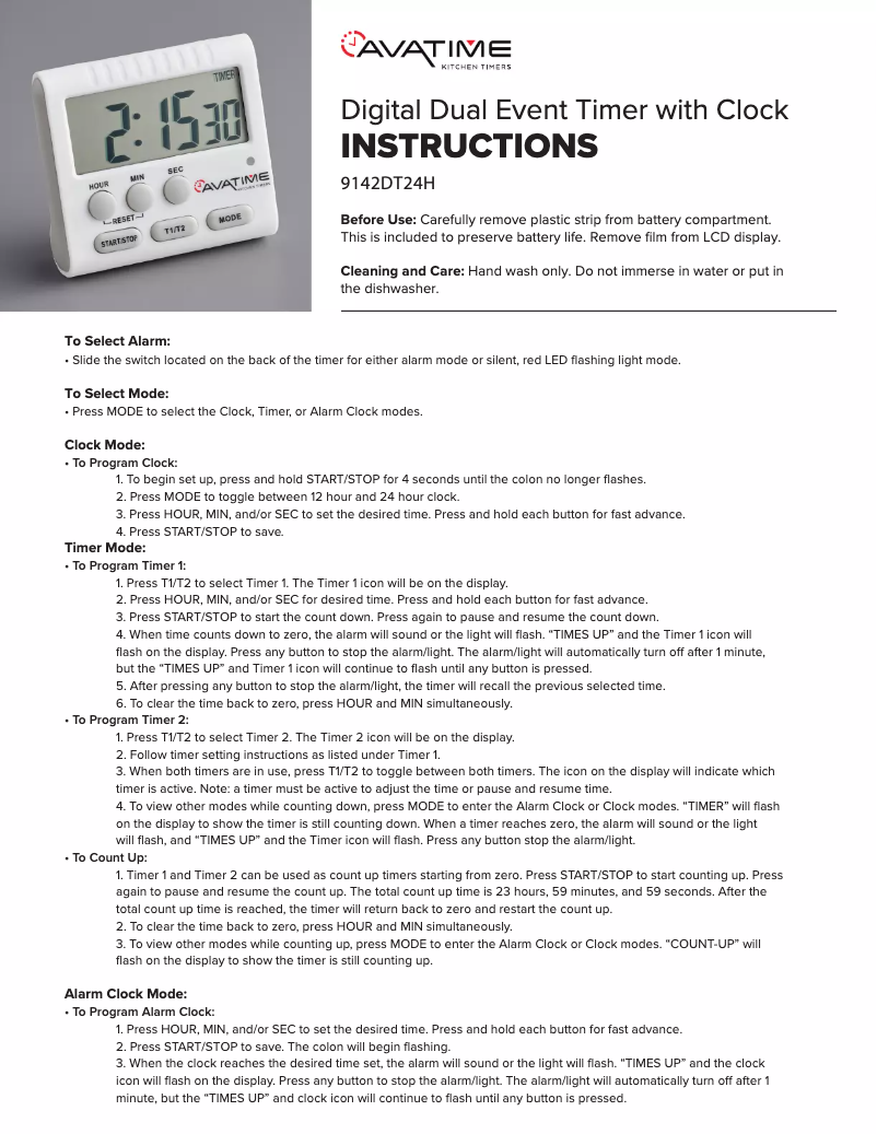 Page n°1 - Manuel utilisateur AvaTime 9142DT24H