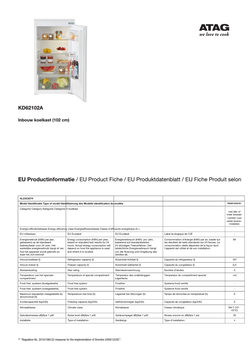 Page 1 de la notice Fiche technique Atag KD62102A