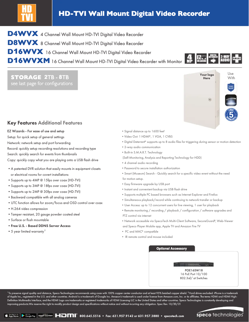 Page 1 de la notice Fiche technique Speco Technologies D16WVXM