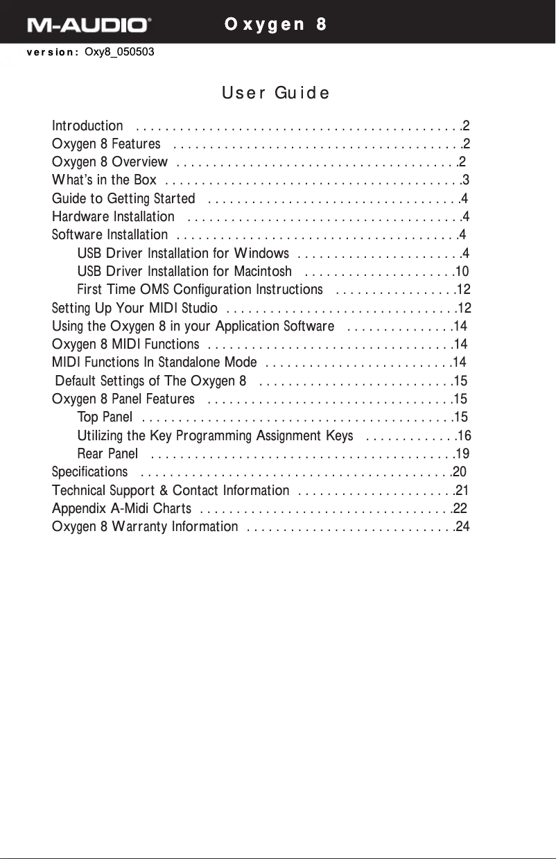 Page 1 de la notice Manuel utilisateur M-Audio Oxygen 8