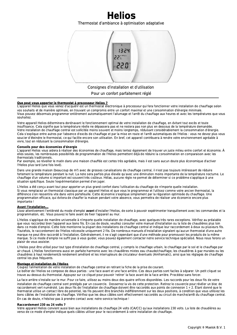 Page 1 de la notice Manuel utilisateur Amfra Helios