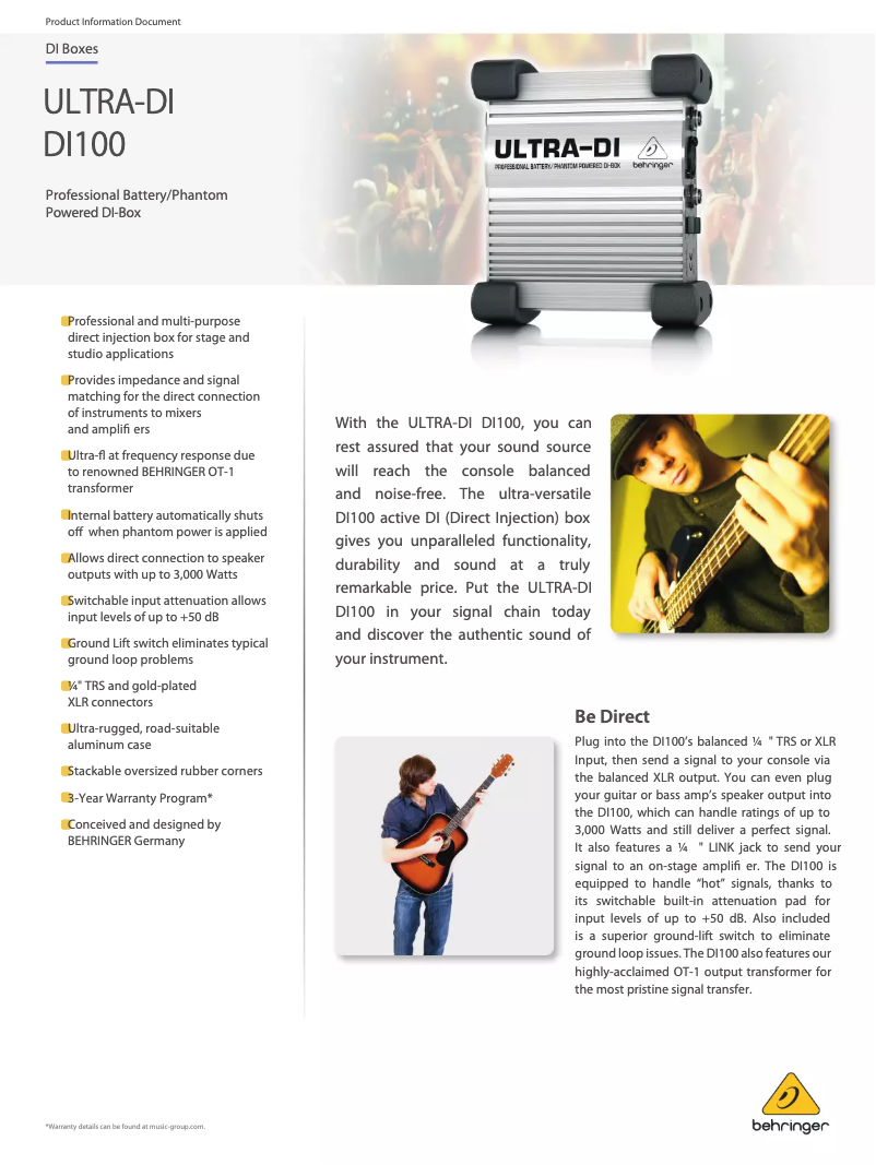 Page 1 de la notice Fiche technique Behringer ULTRA-DI DI100