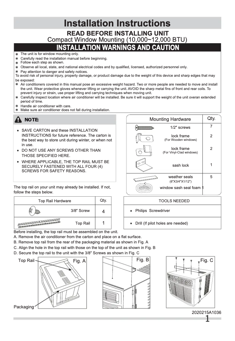 Page n°1 - Guide d'installation Frigidaire FFRA1211R1