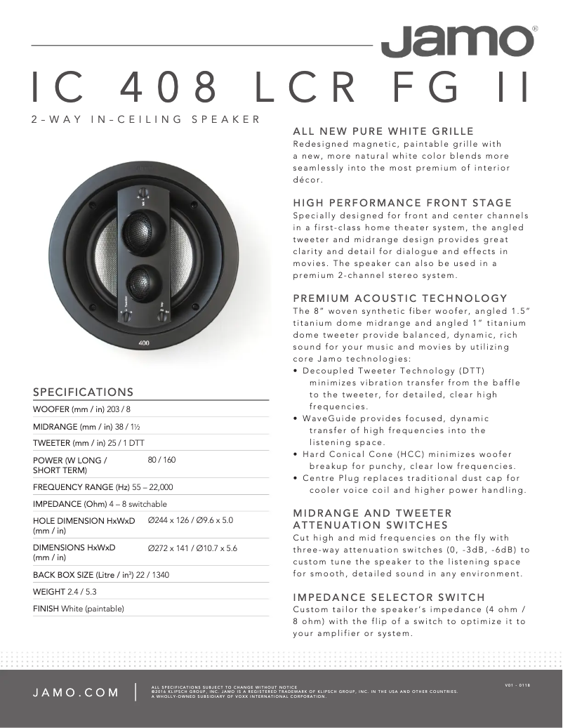 Página 1 del manual Ficha técnica Jamo IC 408 LCR FG II