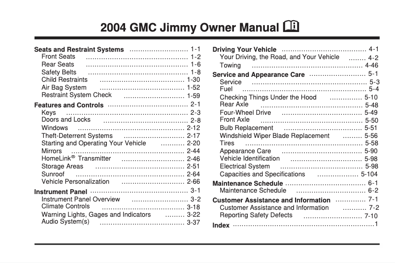 Page 1 de la notice Manuel utilisateur GMC Jimmy (2004)