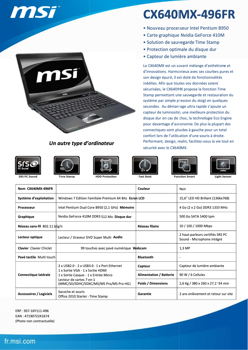 Page 1 de la notice Manuel utilisateur MSI Classic CX640MX