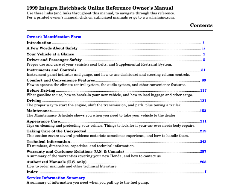 Page n°1 - Manuel utilisateur Acura Integra (1999)