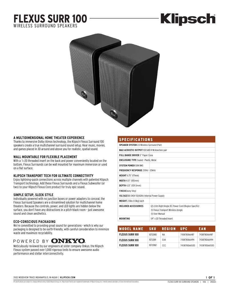 Page 1 de la notice Fiche technique Klipsch Flexus SURR 100