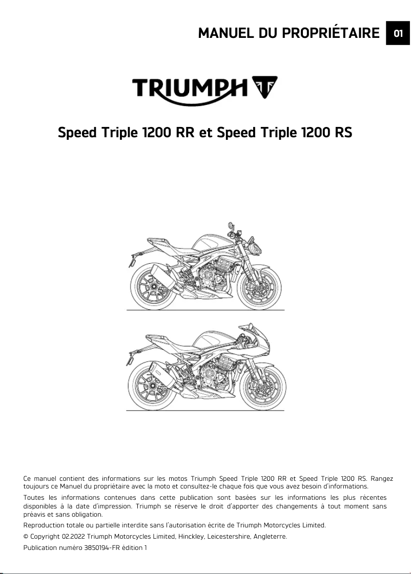 Page 1 de la notice Manuel utilisateur Triumph Speed Triple 1200 RR (2024)
