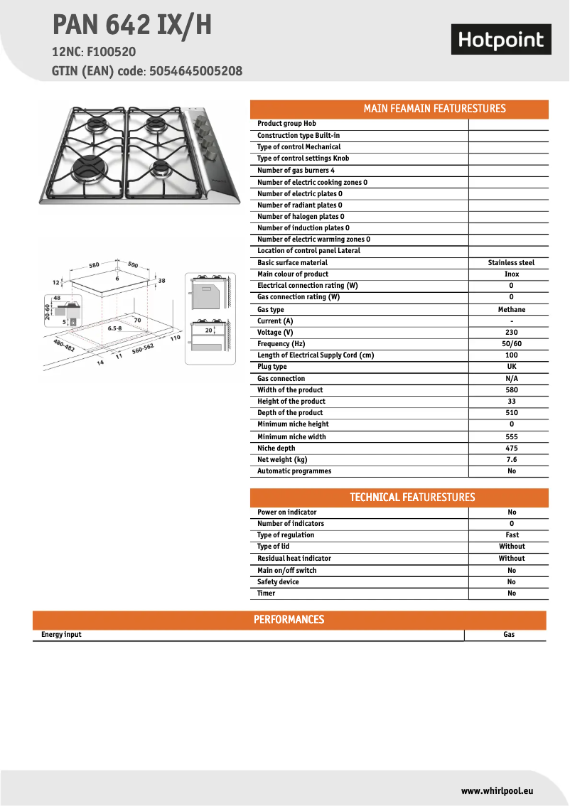 Page 1 de la notice Fiche technique Hotpoint PAN 642 IX/H