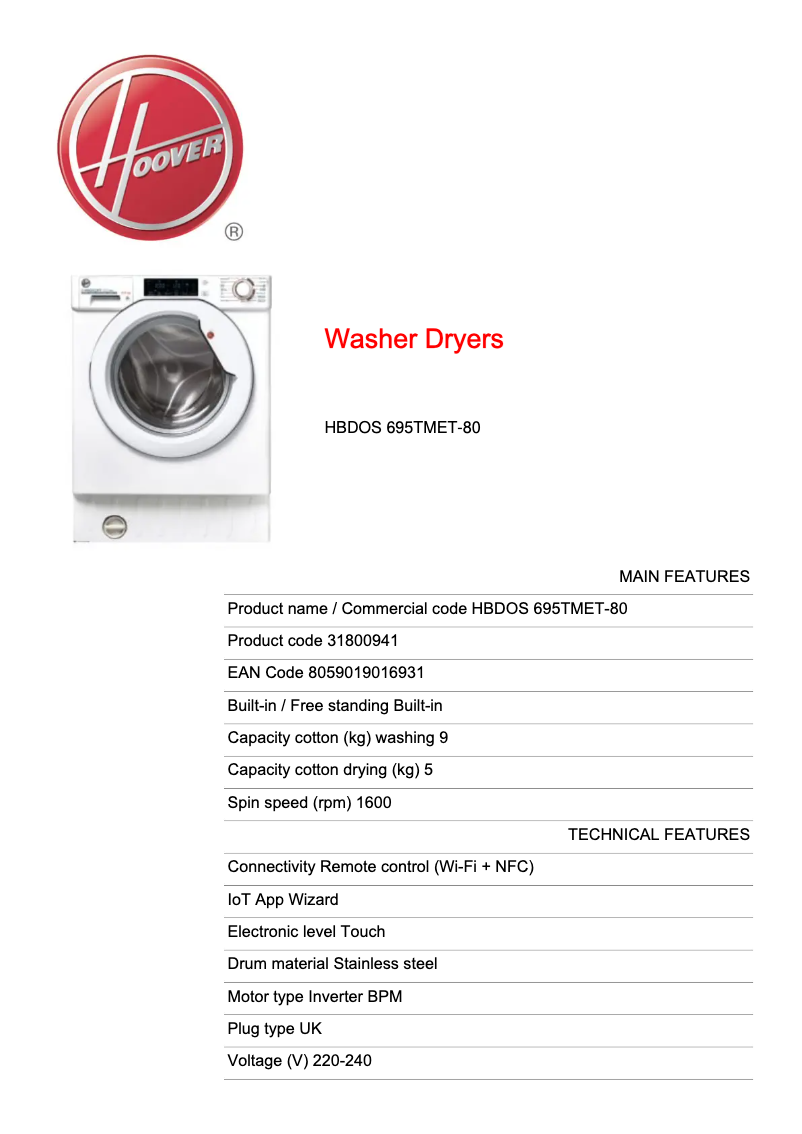 Page 1 de la notice Fiche technique Hoover HBDOS 695TMET-80