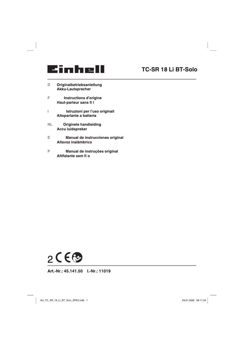 Page n°1 - Manuel utilisateur Einhell TC-SR 18 Li BT - Solo