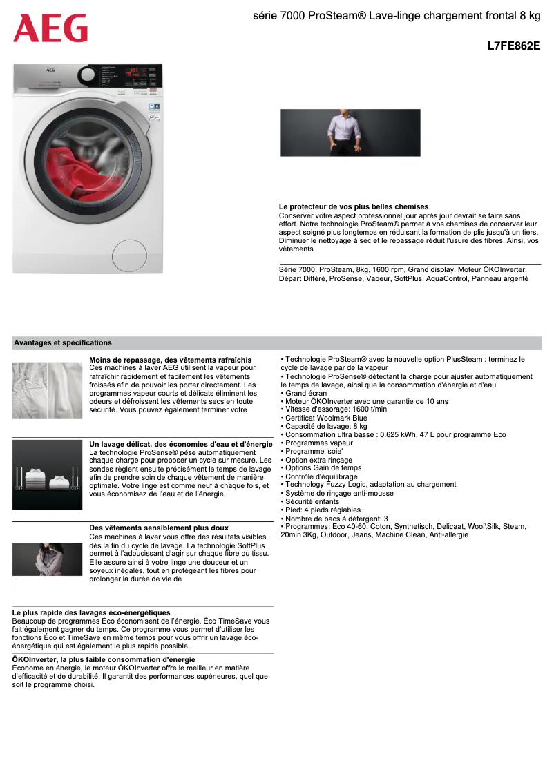 Página 1 del manual Ficha técnica AEG L7FE862E