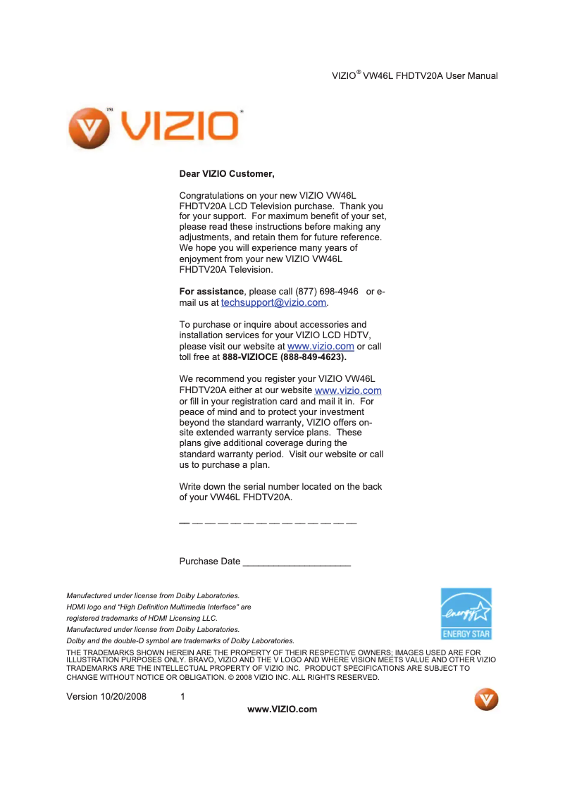 Page 1 de la notice Manuel utilisateur VIZIO VW46LFHDTV20A