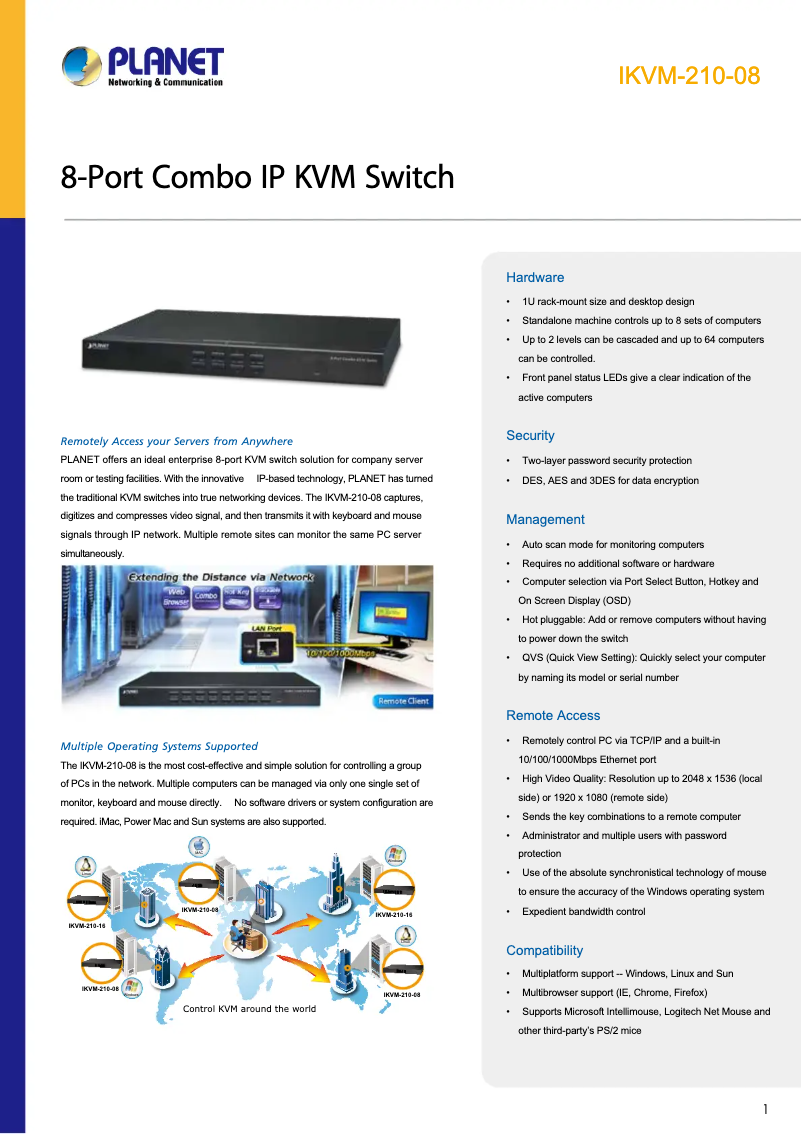 Page 1 de la notice Fiche technique Planet IKVM-210-08