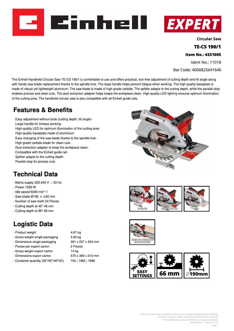 Page n°1 - Fiche technique Einhell TE-CS 190/1