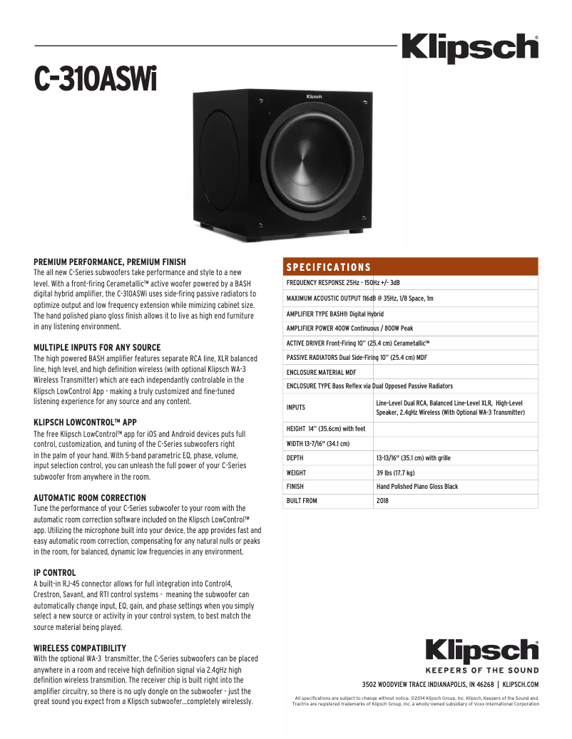 Page n°1 - Fiche technique Klipsch C Series C-310ASWi