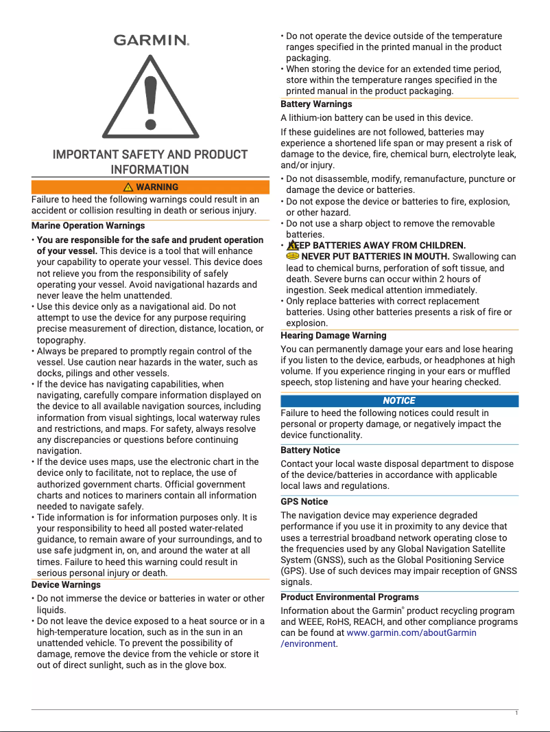 Page n°1 - Instructions de sécurité Garmin GPS 73