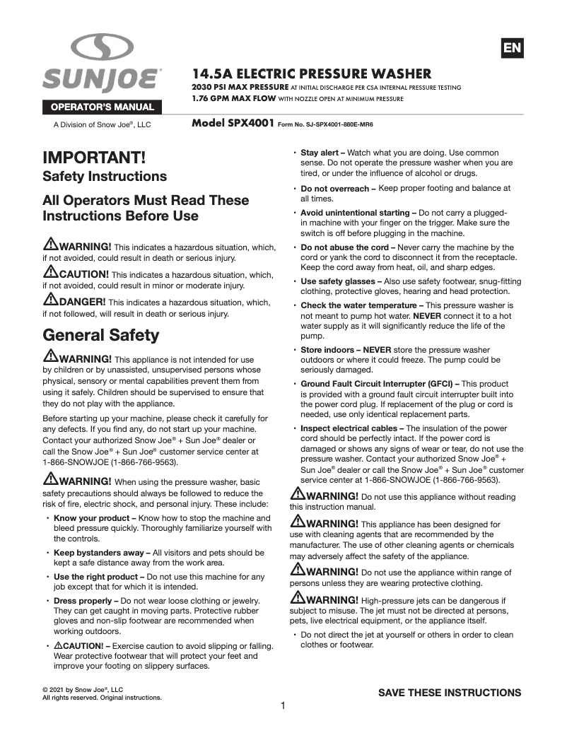 Page n°1 - Manuel utilisateur Sun Joe SPX4001