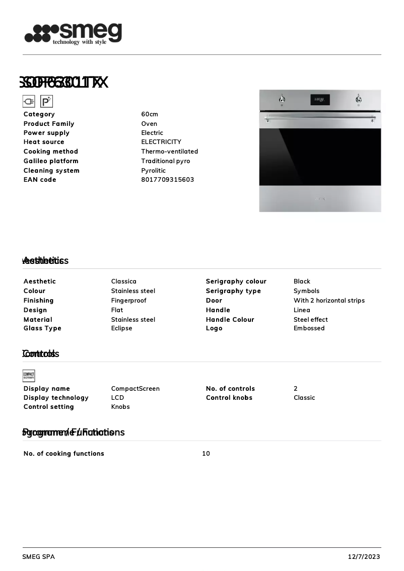 Page 1 de la notice Fiche technique Smeg SOP6301TX