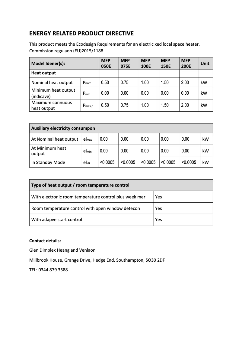 Page 1 de la notice Fiche technique Dimplex MFP050E