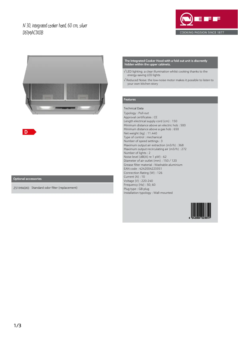 Page 1 de la notice Fiche technique Neff D61MAC1X0B