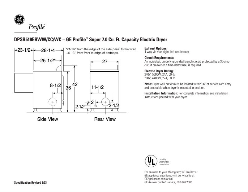 Page n°1 - Fiche technique GE Profile DPSB519EBWC