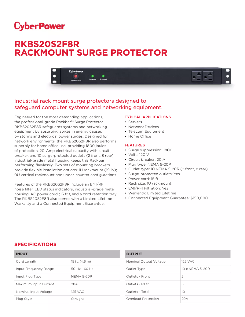 Page 1 of the manual Technical Sheet CyberPower Rackbar RKBS20S2F8R