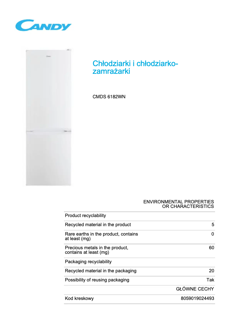 Page n°1 - Fiche technique Candy CMDS 6182WN