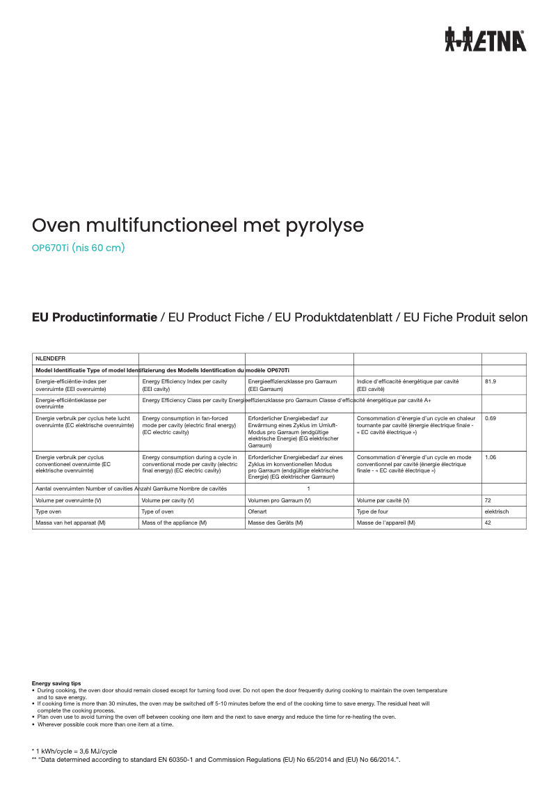 Page 1 de la notice Fiche technique Etna CM650Ti