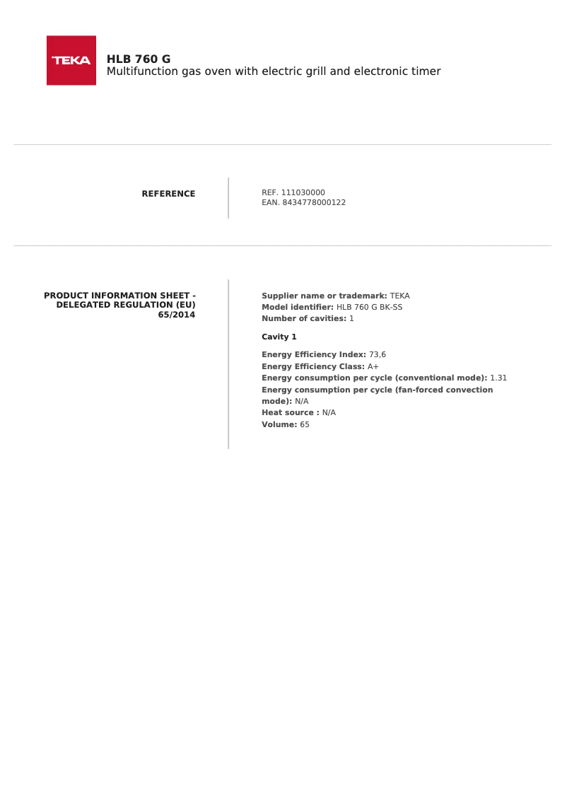 Page 1 de la notice Fiche technique Teka HLB 760 G